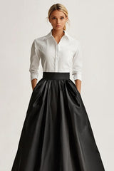 Black Wedding Guest Dress Satin A Line Long Sleeves Formal Dress With Pcokets