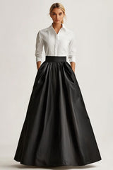 Black Wedding Guest Dress Satin A Line Long Sleeves Formal Dress With Pcokets