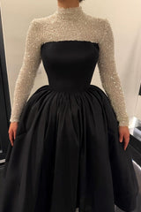 Black and Silver A Line Prom Dress with High Neck and Sequin Long Sleeves