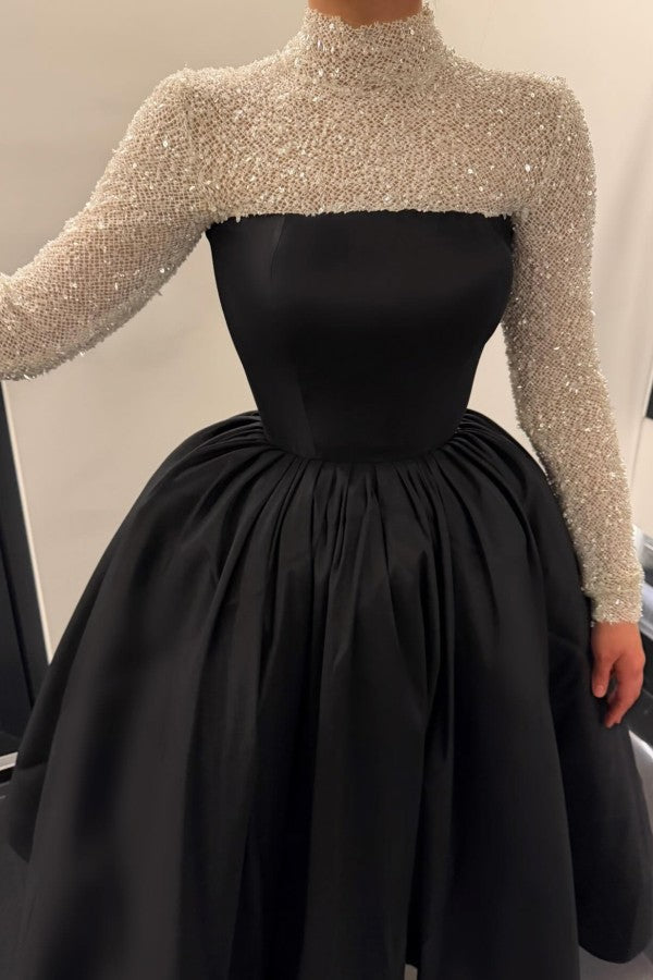 Black and Silver A Line Prom Dress with High Neck and Sequin Long Sleeves
