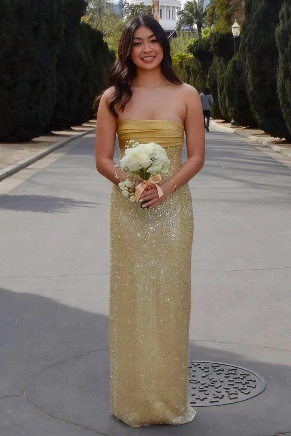 Sheath Strapless Lilac Long Prom Dress With Pearls Slit Formal Evening Gown