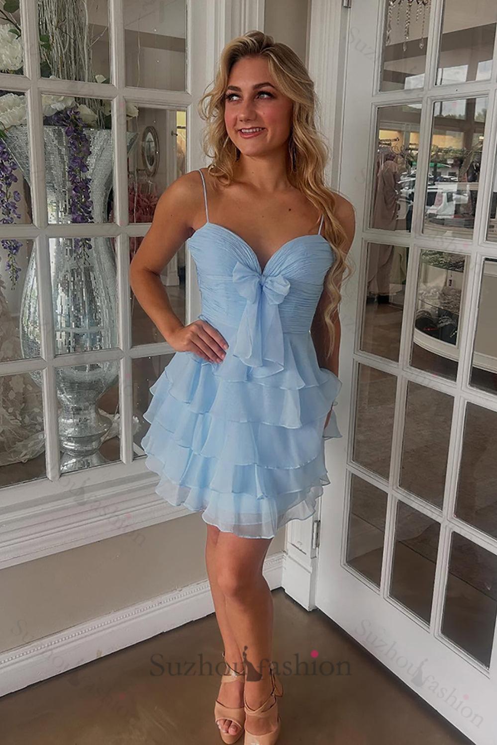 Suzhoufashion Blue A Line Homecoming Dresses Tiered Ruffled Short Cocktail Dresses With Bow suzhoufashion Suzhoufashion Blue A Line Homecoming Dresses Tiered Ruffled Short Cocktail Dresses With Bow suzhoufashion