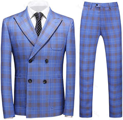 Blue Double Breasted Plaid Business Suit for Men