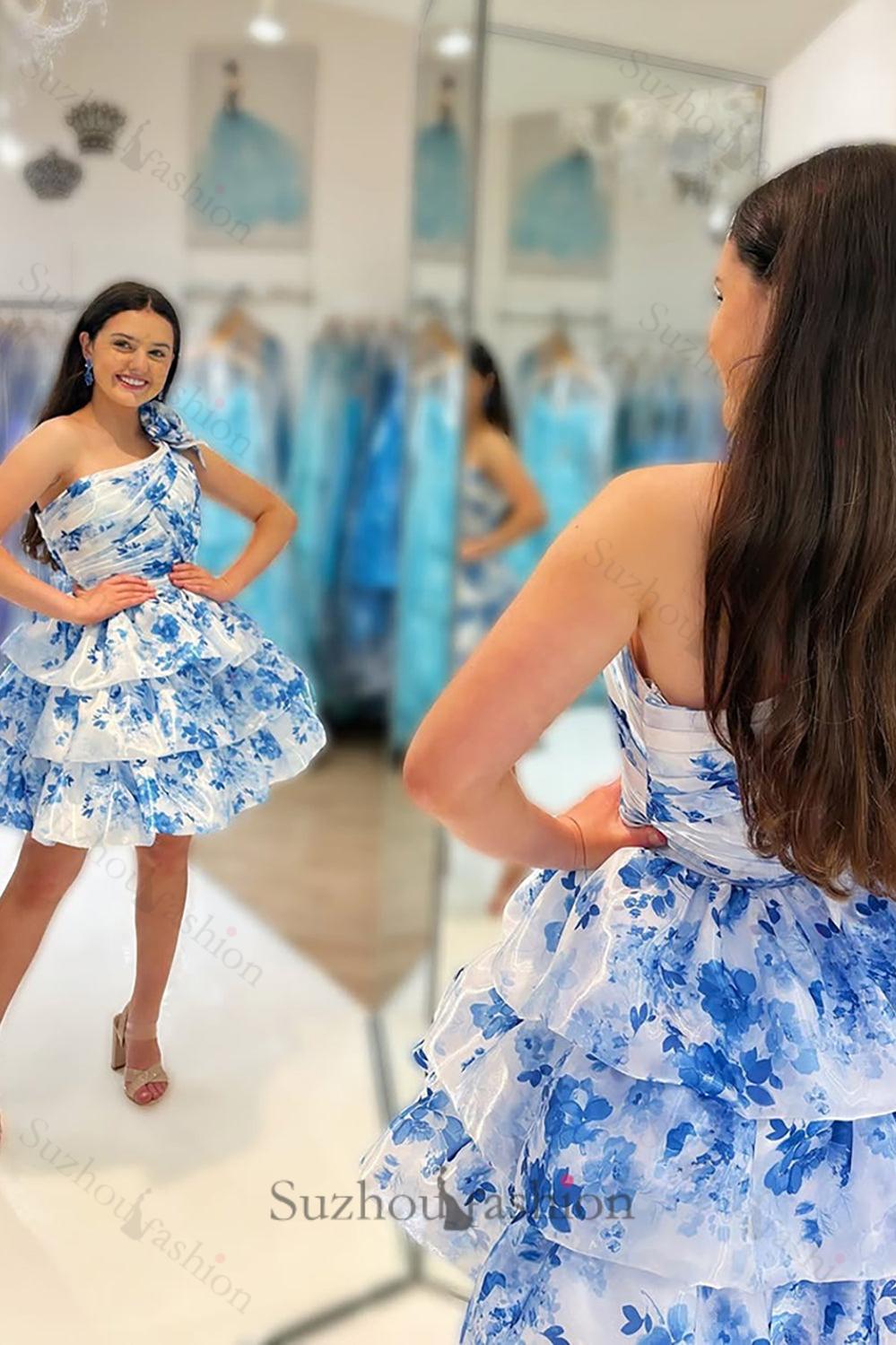 Blue Floral Ruffled A Line Homecoming Dresses One Shoulder Short Cocktail Dresses