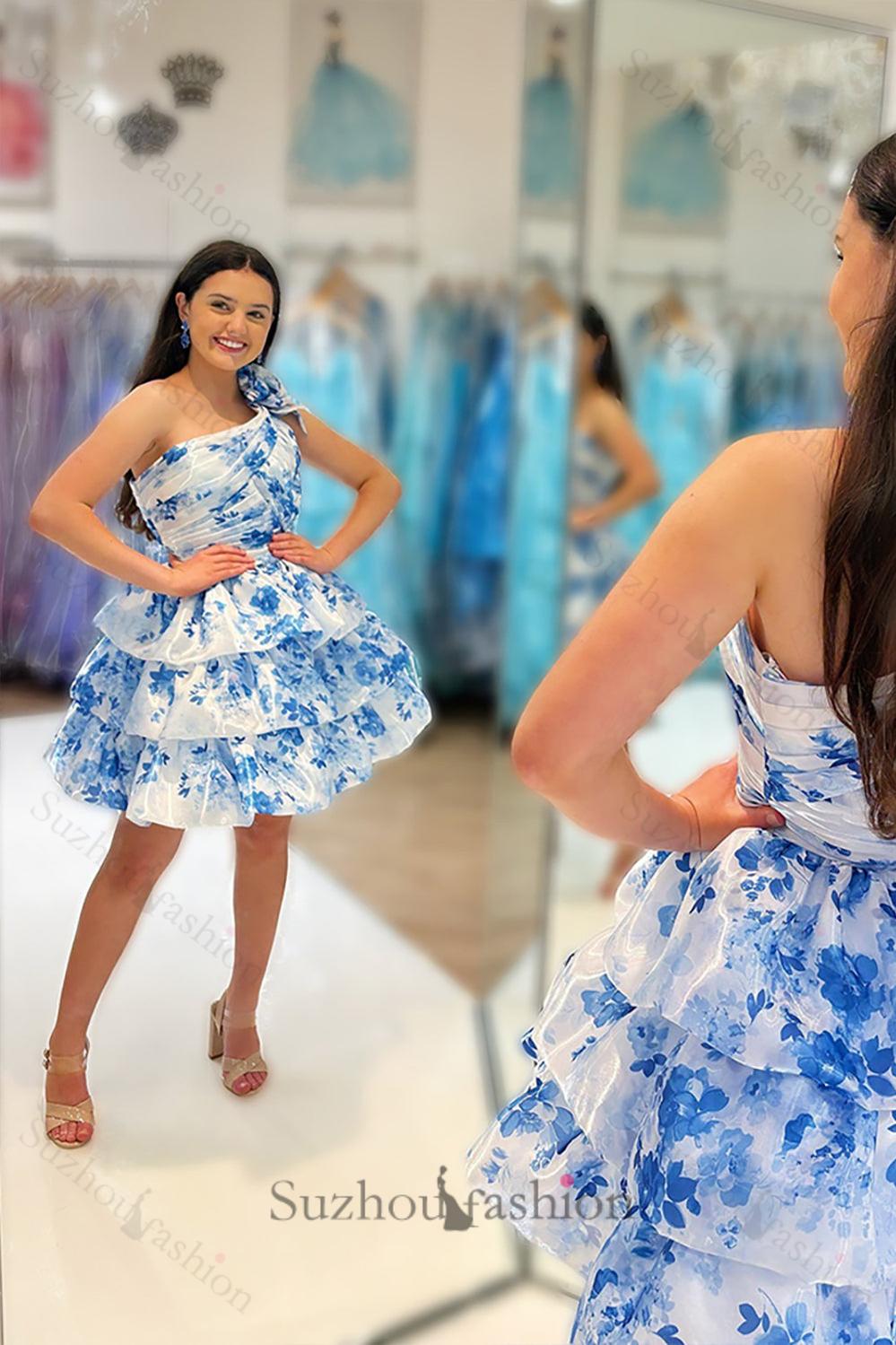 Blue Floral Ruffled A Line Homecoming Dresses One Shoulder Short Cocktail Dresses