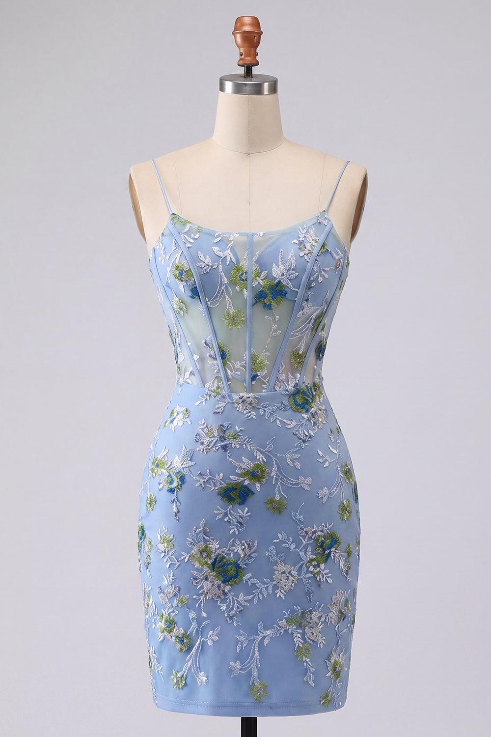 Blue Floral Tight Spaghetti Straps Short Corset Homecoming Dress