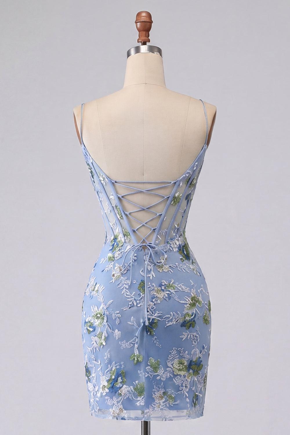 Blue Floral Tight Spaghetti Straps Short Corset Homecoming Dress