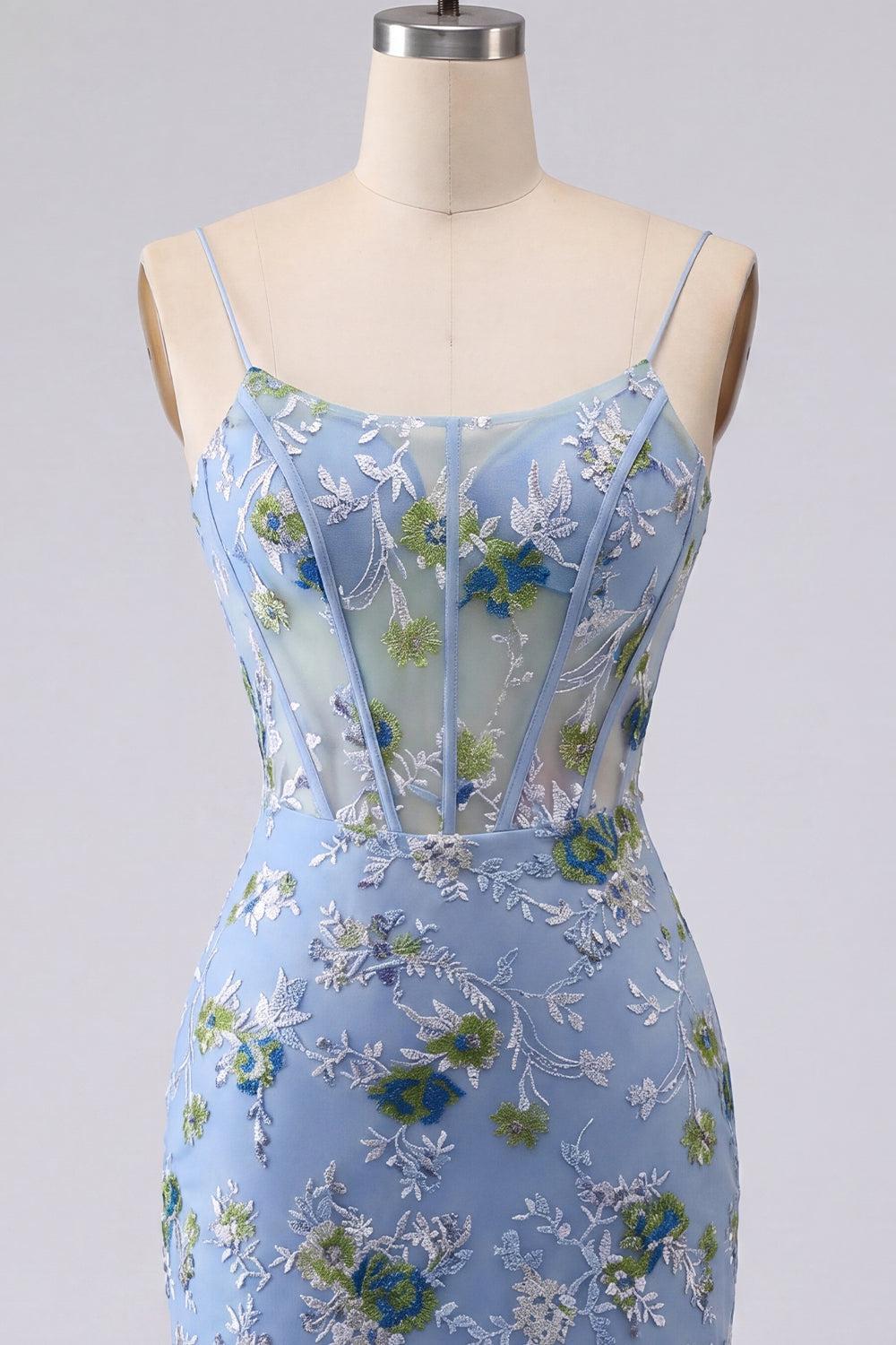 Blue Floral Tight Spaghetti Straps Short Corset Homecoming Dress