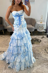 Suzhoufashion Blue Flower Prom Dress Sweetheart Mermaid Ruffled Long Formal Dress With Bow
