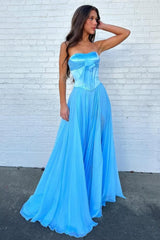 Suzhoufashion Blue Flowing Chiffon Strapless Corset Prom Dress With Bow Bodice Formal Evening Gown
