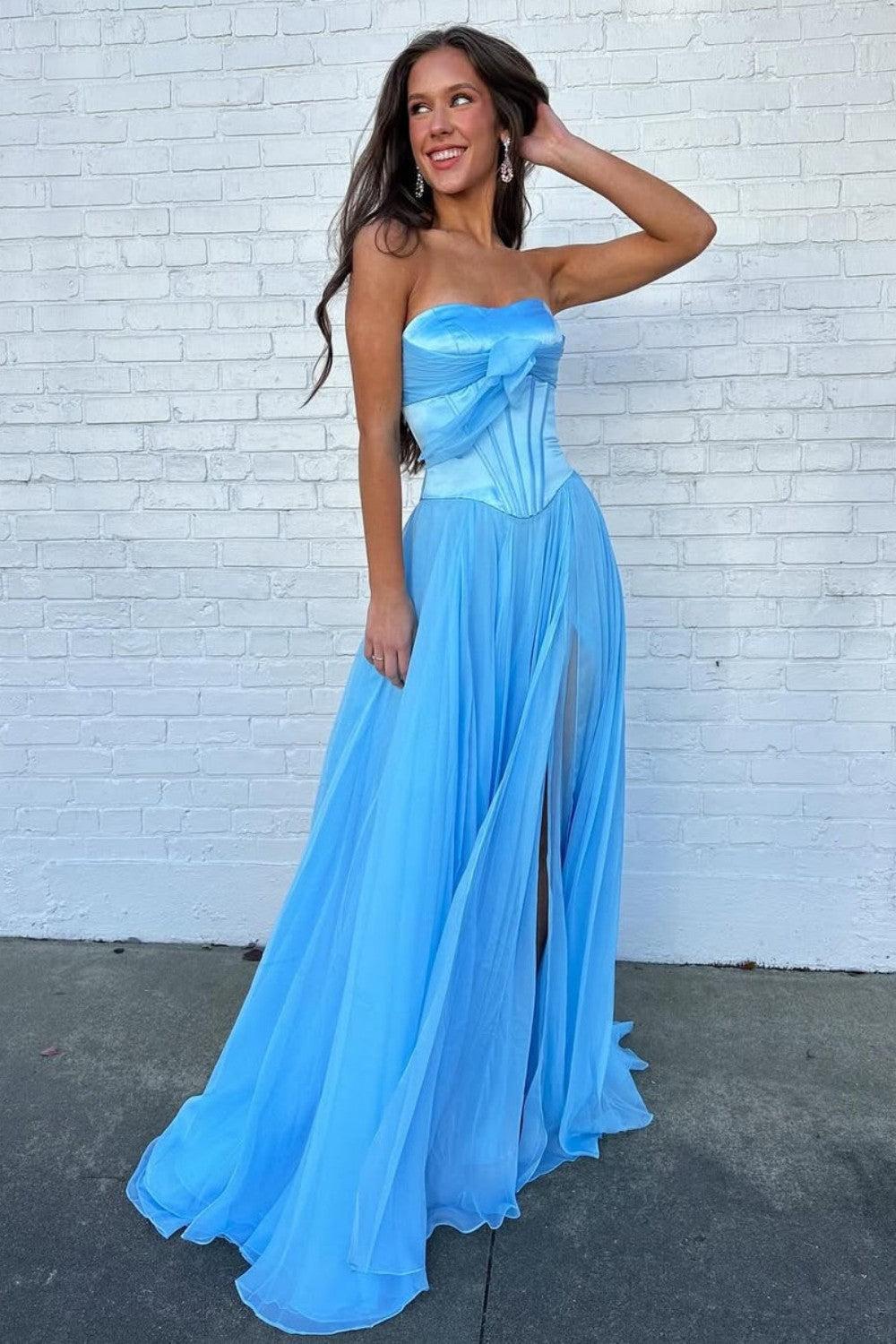 Suzhoufashion Blue Flowing Chiffon Strapless Corset Prom Dress With Bow Bodice Formal Evening Gown