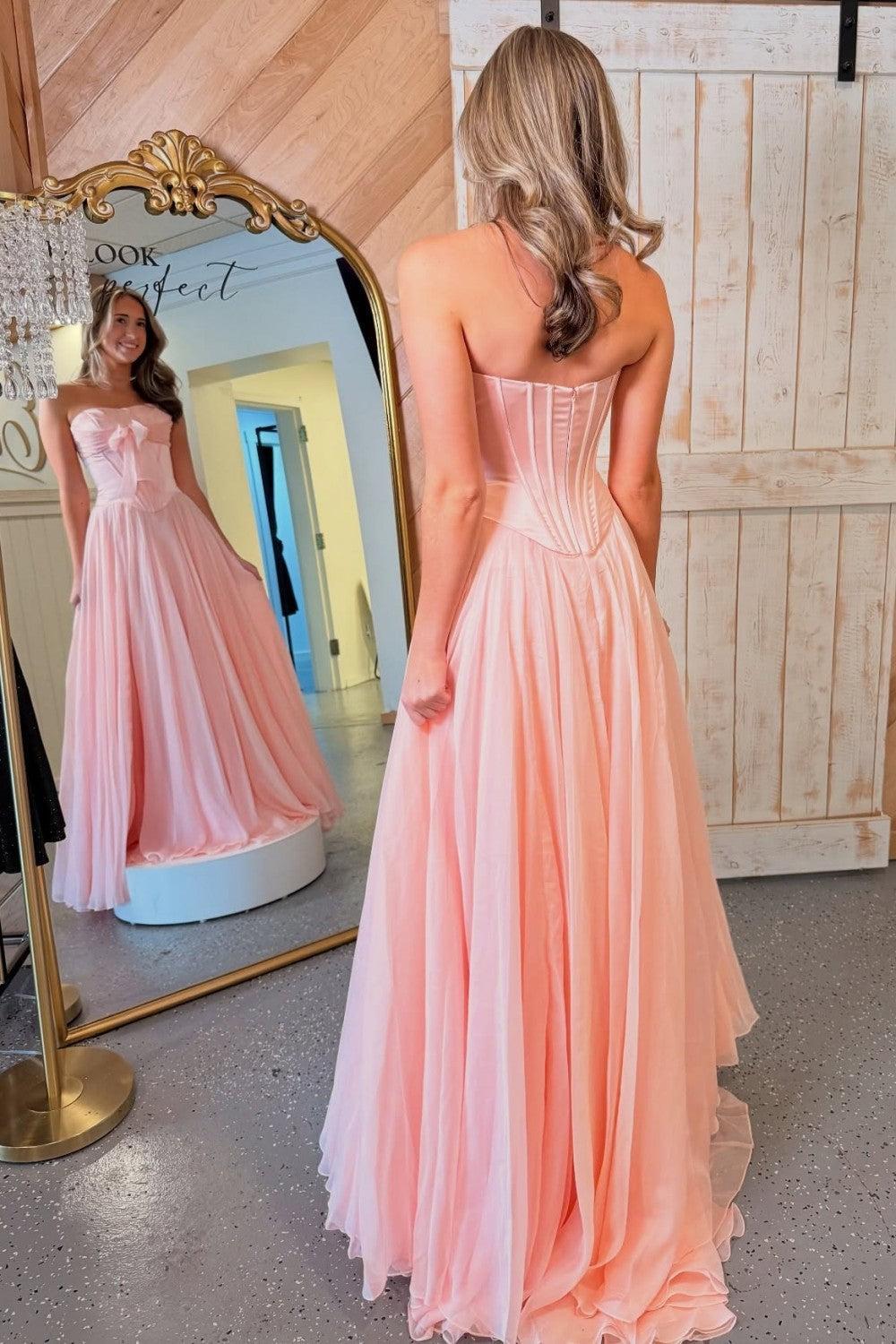 Suzhoufashion Blue Flowing Chiffon Strapless Corset Prom Dress With Bow Bodice Formal Evening Gown