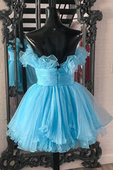 Blue Homecoming Dress A-Line Strapless Ruffled Short Prom Dress