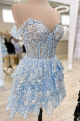 Blue Homecoming Dress Corset Tiered Lace A-Line Prom Dress