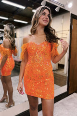 Blue Homecoming Dress Lace Sequined Tight Short Prom Dress with Feathers