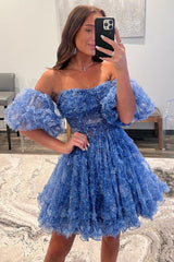 Blue Homecoming Dress Printed Detachable Sleeves Ruffled Short Prom Dress