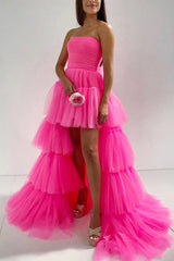 Blue Homecoming Dresses A-Line High Low Strapless Prom Dress with Ruffles