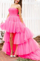 Blue Homecoming Dresses A-Line High Low Strapless Prom Dress with Ruffles