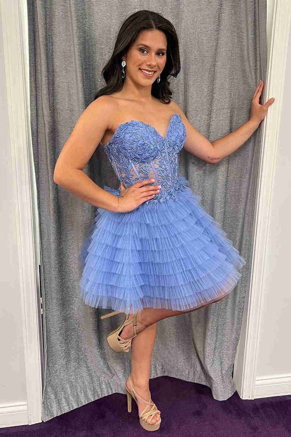 Blue Homecoming Dresses A Line Strapless Tiered Short Cocktail Dresses With Appliques