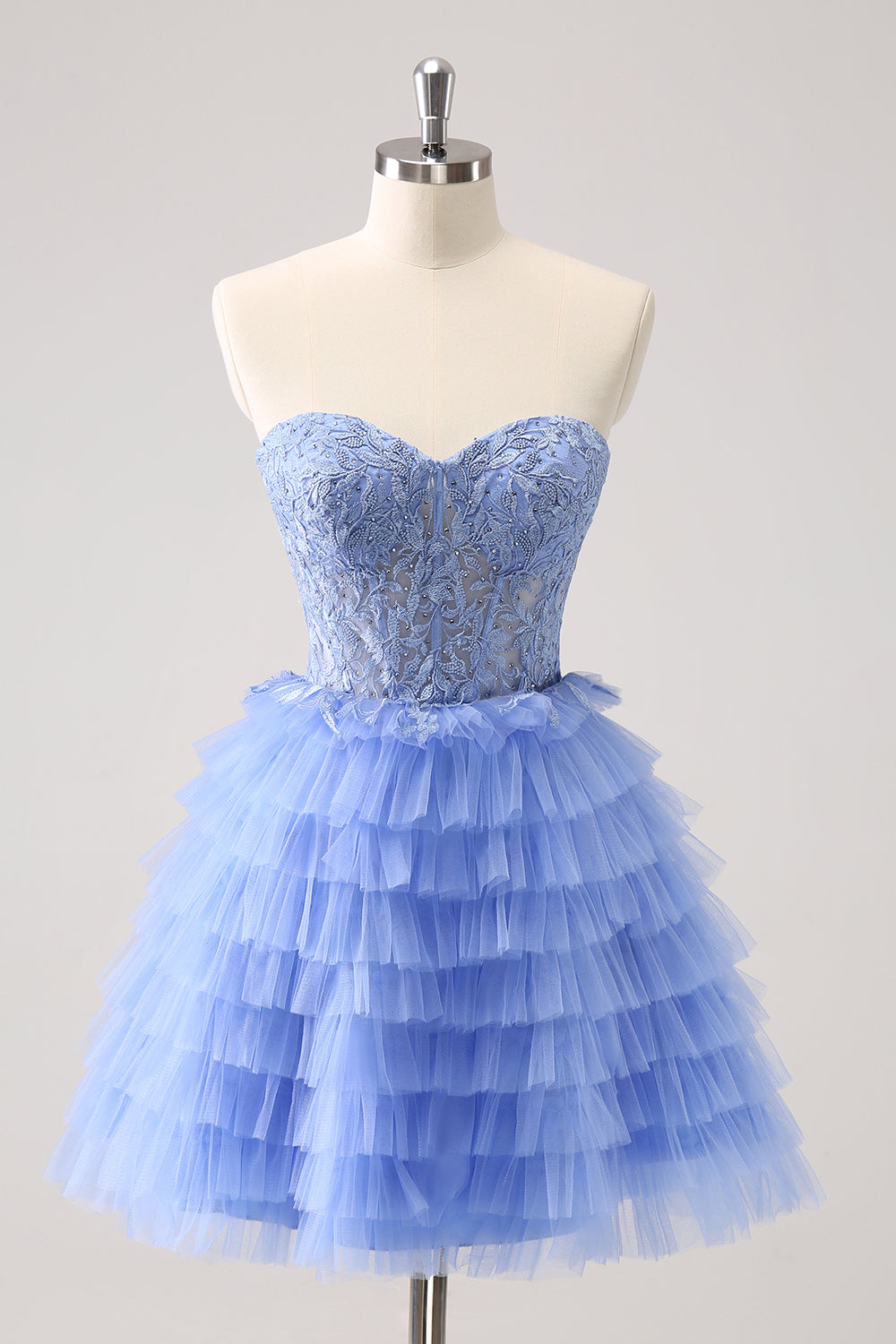 Blue Homecoming Dresses A Line Strapless Tiered Short Cocktail Dresses With Appliques