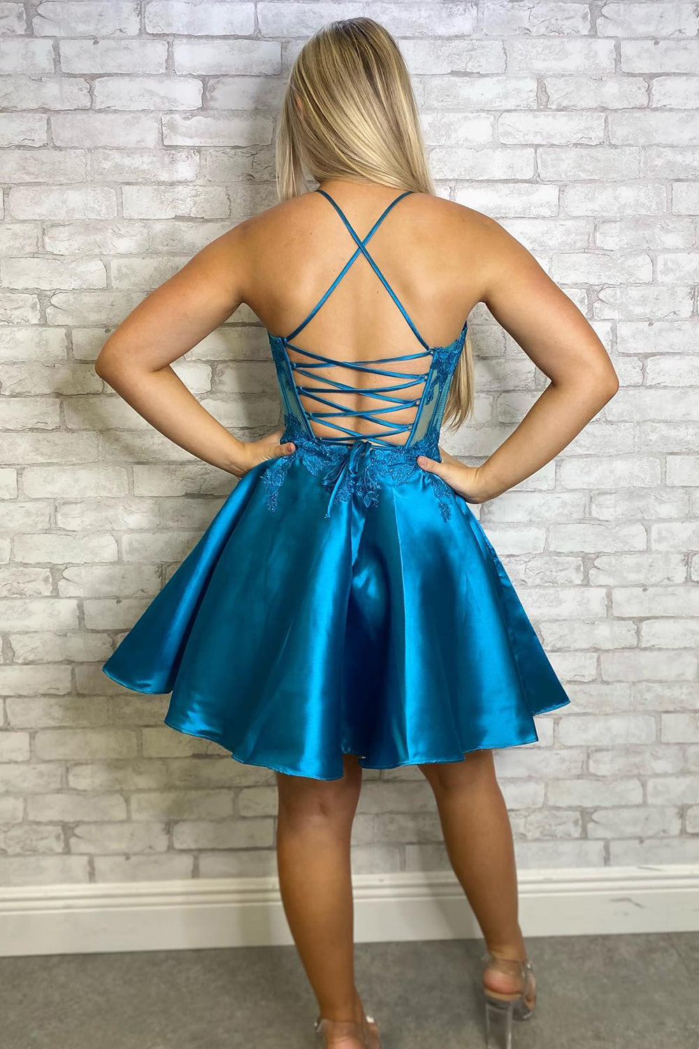 Blue Homecoming Dresses Beaded Halter Corset Prom Dress