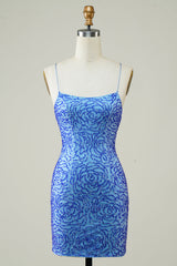 Blue Homecoming Dresses Beaded Lace-Up Back Tight Short Cocktail Dresses
