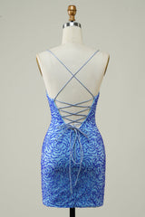 Blue Homecoming Dresses Beaded Lace-Up Back Tight Short Cocktail Dresses