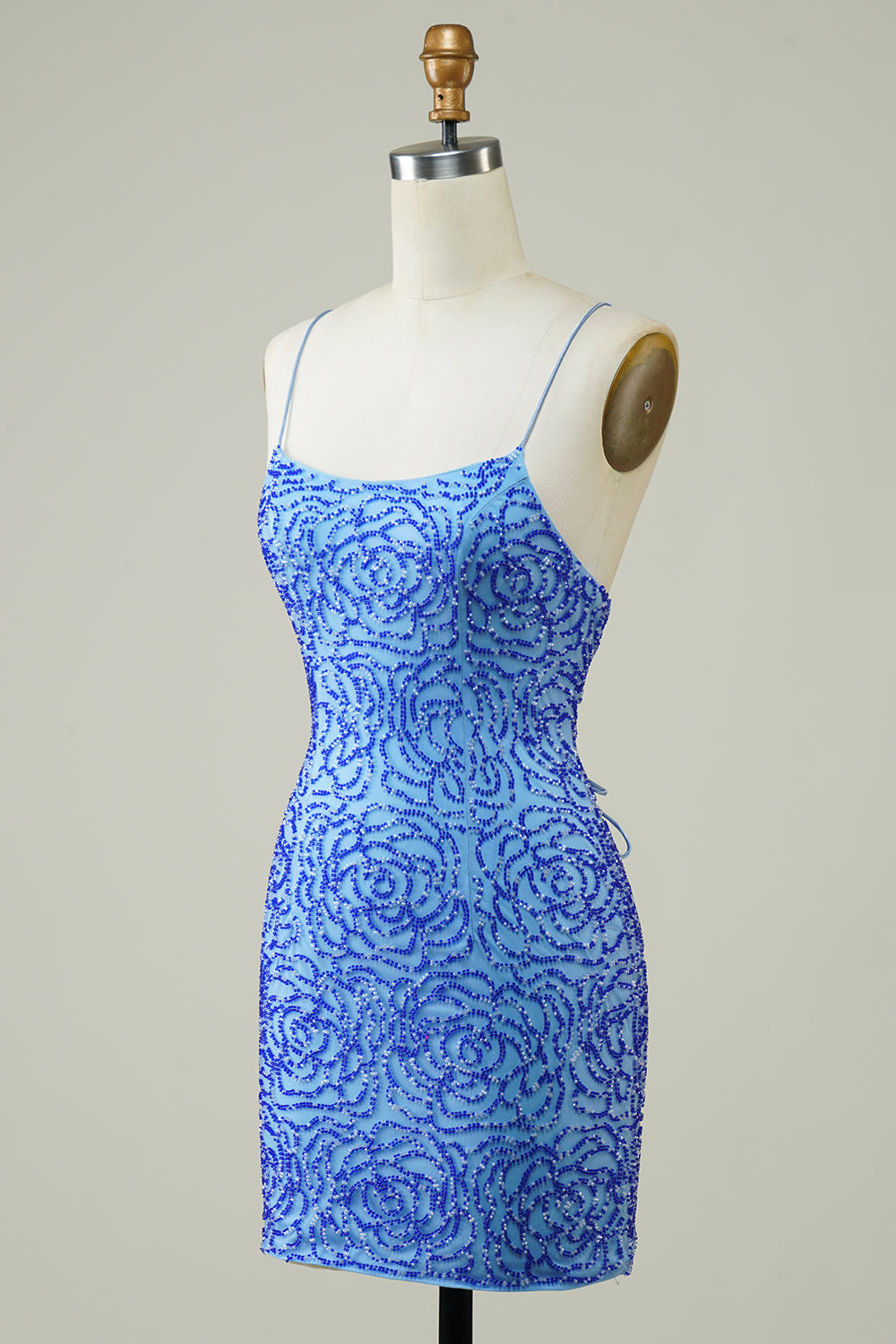 Blue Homecoming Dresses Beaded Lace-Up Back Tight Short Cocktail Dresses