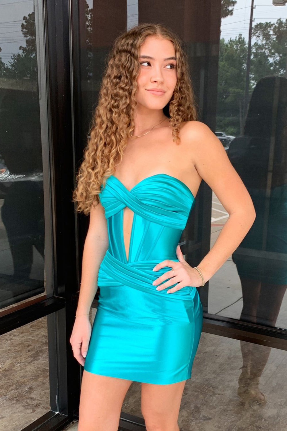teal blue homecoming dresses Short Glitter-Print Teal Homecoming Dress with Cut Out Teal / 1