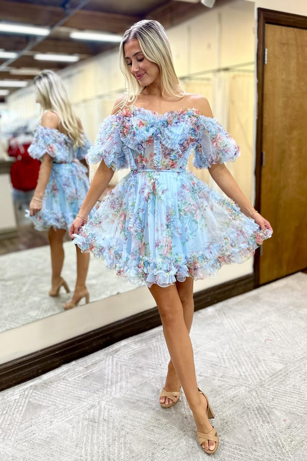Suzhoufashion Blue Homecoming Dresses Corset Off The Shoulder Floral A-Line  Short Cocktail Dresses – suzhoufashion