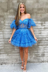 Blue Homecoming Dresses Corset Printed A-Line Short Cocktail Dresses with Sleeves
