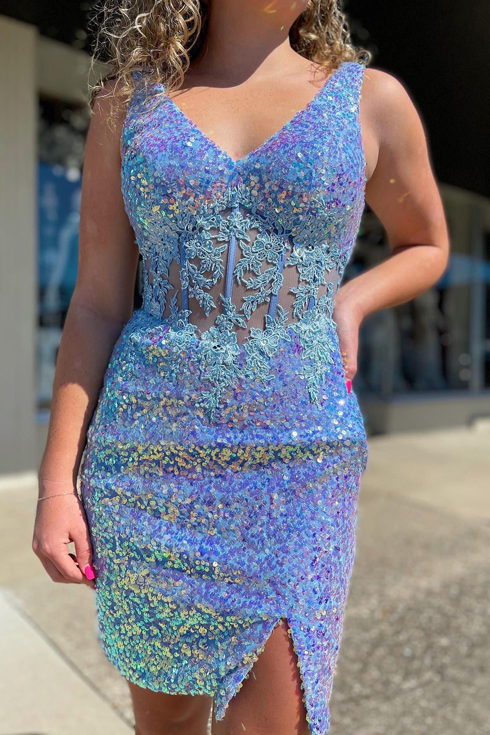 Blue Homecoming Dresses Corset Sequin Tight Short Cocktail Dresses with Lace