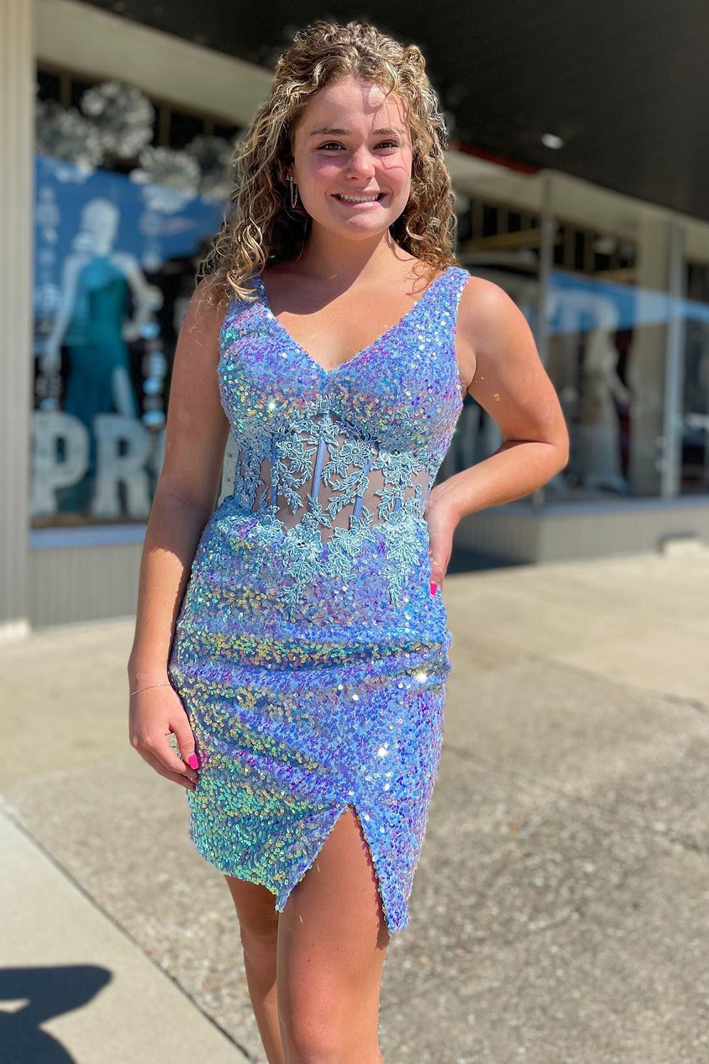 Blue Homecoming Dresses Corset Sequin Tight Short Cocktail Dresses with Lace