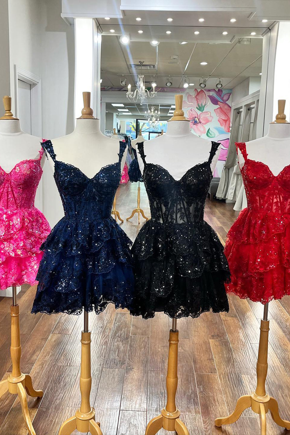 Blue Homecoming Dresses Corset Tiered Lace A-Line Short Cocktail Dresses