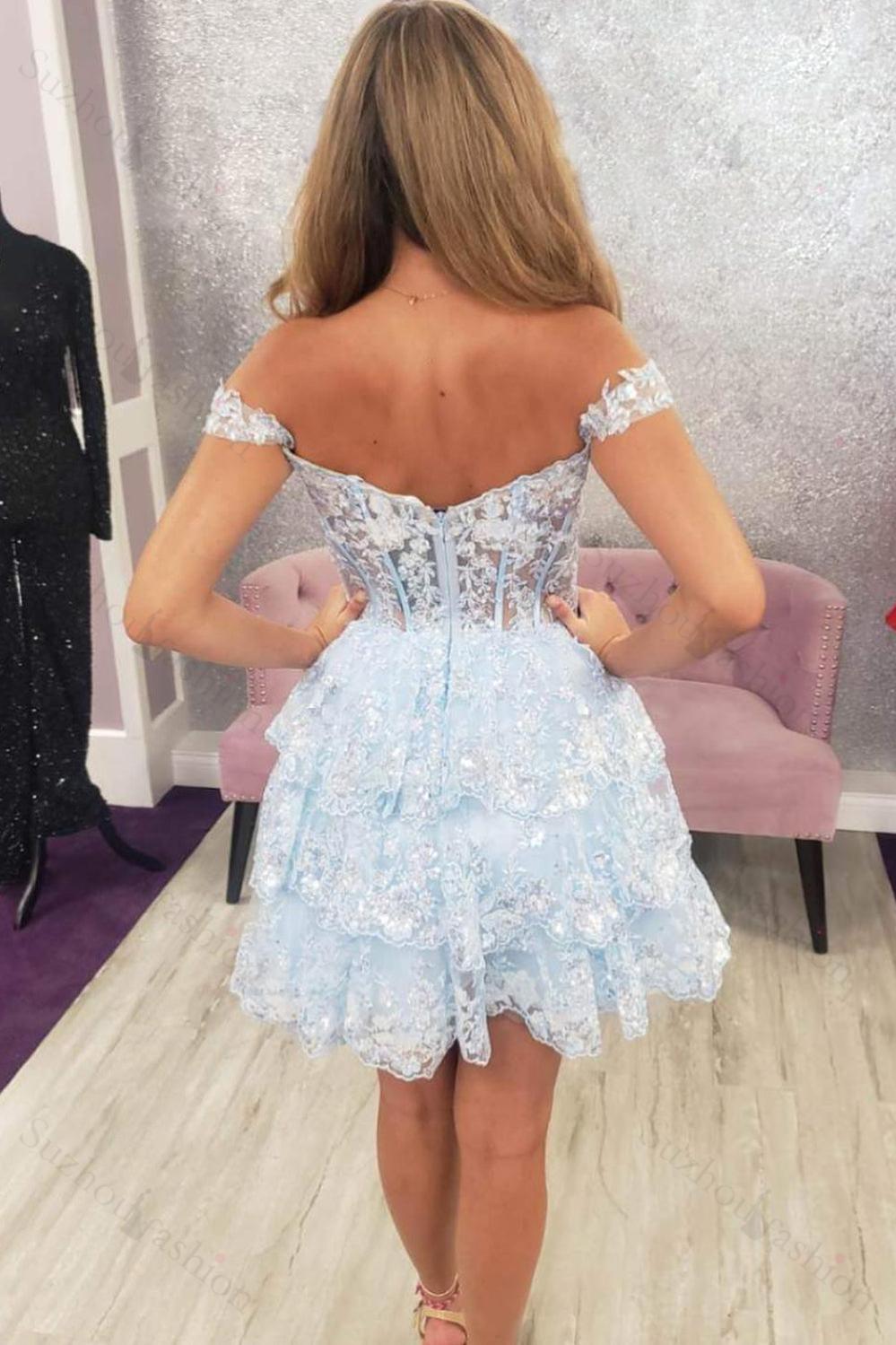 Blue Homecoming Dresses Corset Tiered Lace A-Line Short Cocktail Dresses