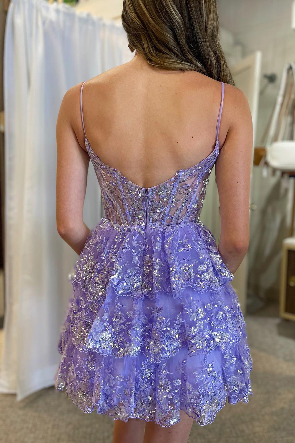 Blue Homecoming Dresses Corset Top Spaghetti Straps A-Line Lace Short Cocktail Dresses