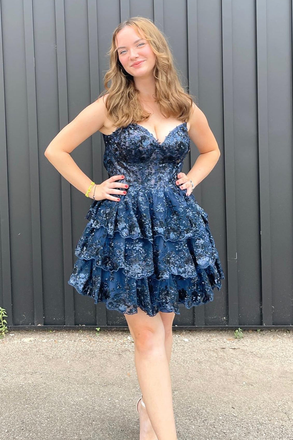 Blue Homecoming Dresses Corset Top Spaghetti Straps A-Line Lace Short Cocktail Dresses