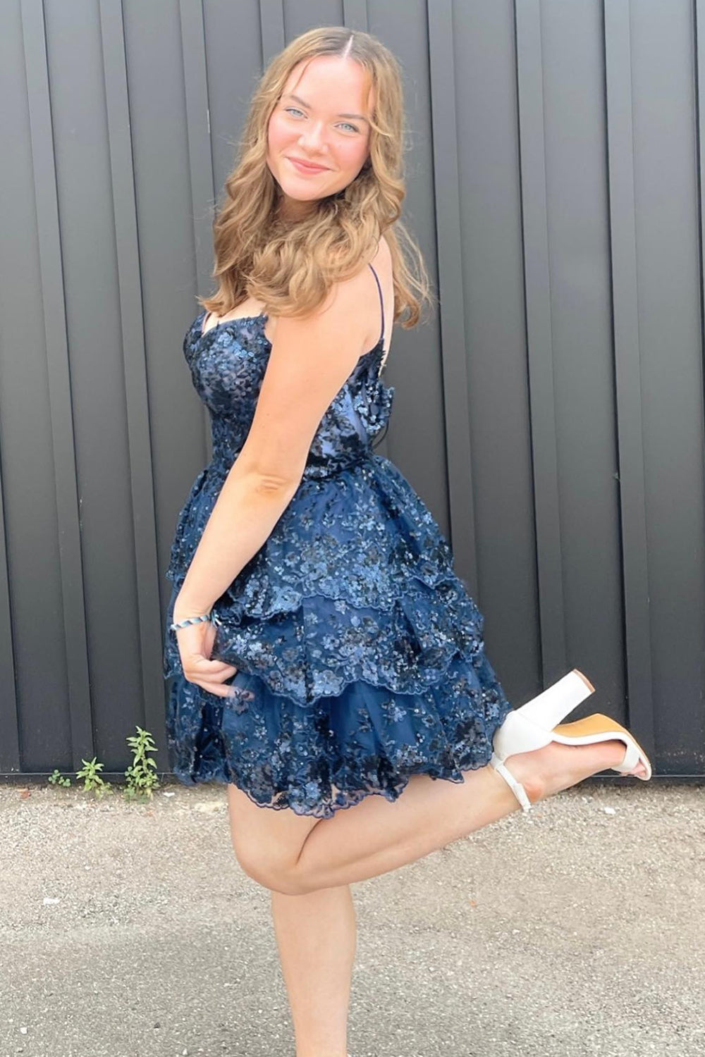Blue Homecoming Dresses Corset Top Spaghetti Straps A-Line Lace Short Cocktail Dresses