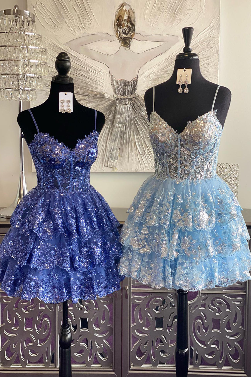 Blue Homecoming Dresses Corset Top Spaghetti Straps A-Line Lace Short Cocktail Dresses