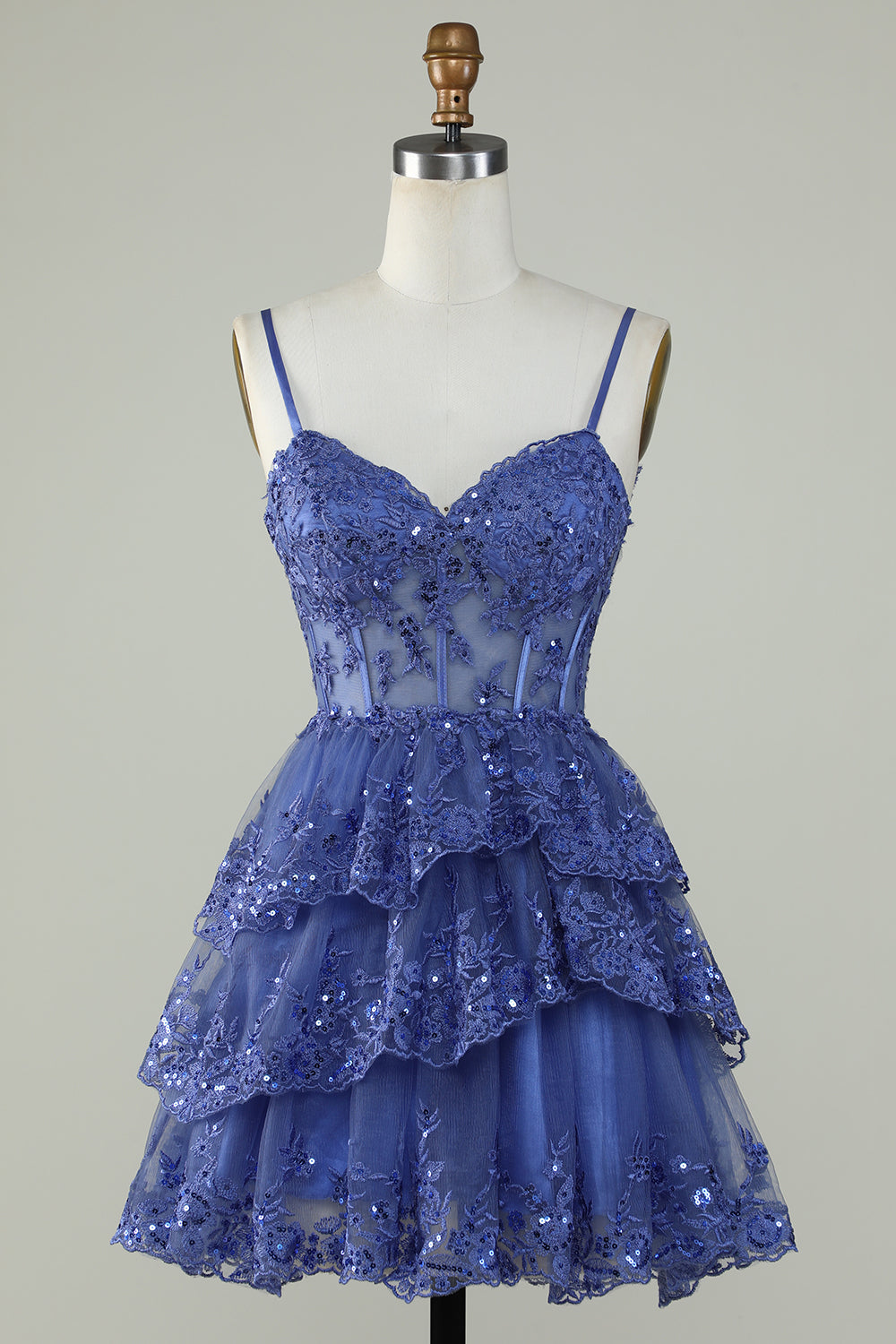 Blue Homecoming Dresses Corset Top Spaghetti Straps A-Line Lace Short Cocktail Dresses