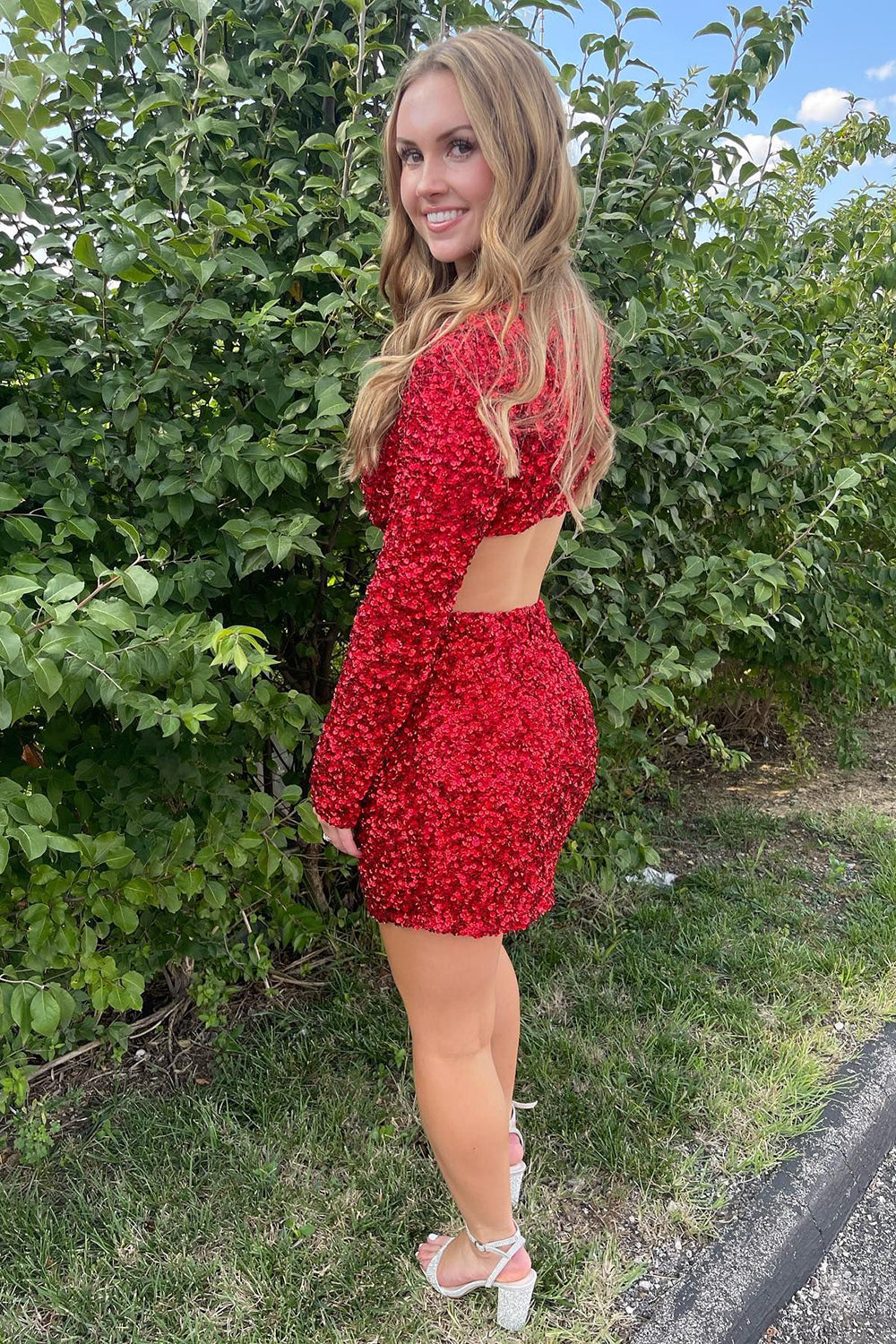 Blue Homecoming Dresses Deep V-Neck Sequin Tight Prom Dress with Sleeves