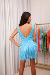 Blue Homecoming Dresses Feathered Tight Short Sequin Prom Dress