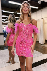 Blue Homecoming Dresses Lace Sequined Tight Short Cocktail Dresses with Feathers