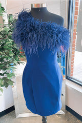 Blue Homecoming Dresses Off the Shoulder Tight Short Cocktail Dresses with Feathers