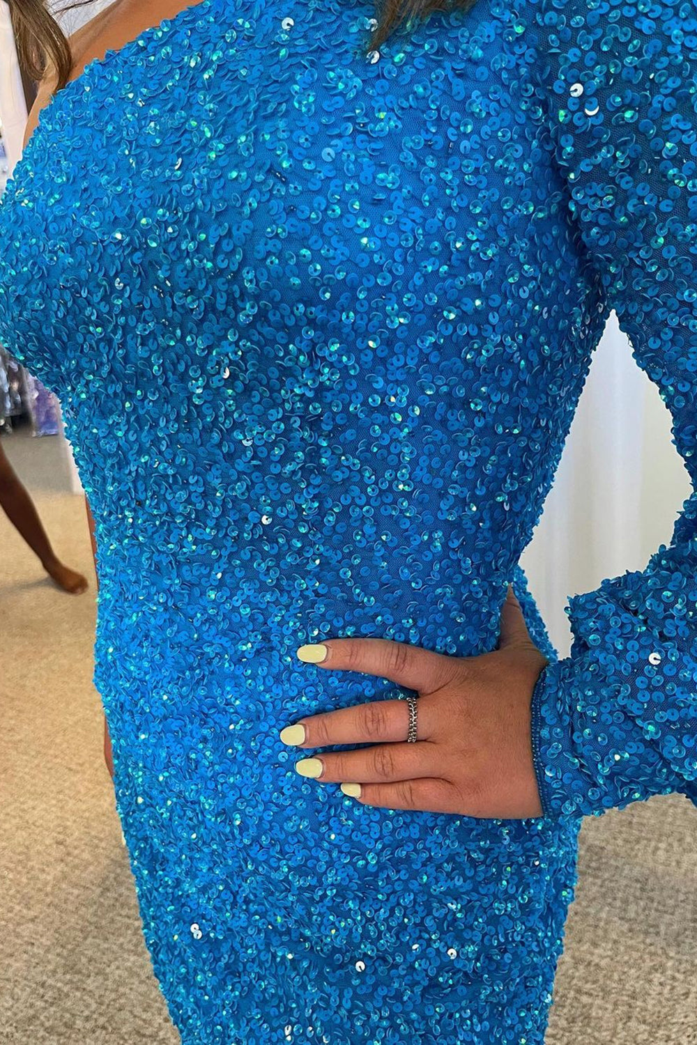 Suzhoufashion Blue Homecoming Dresses One Shoulder Sequin Tight Prom Dress  – suzhoufashion