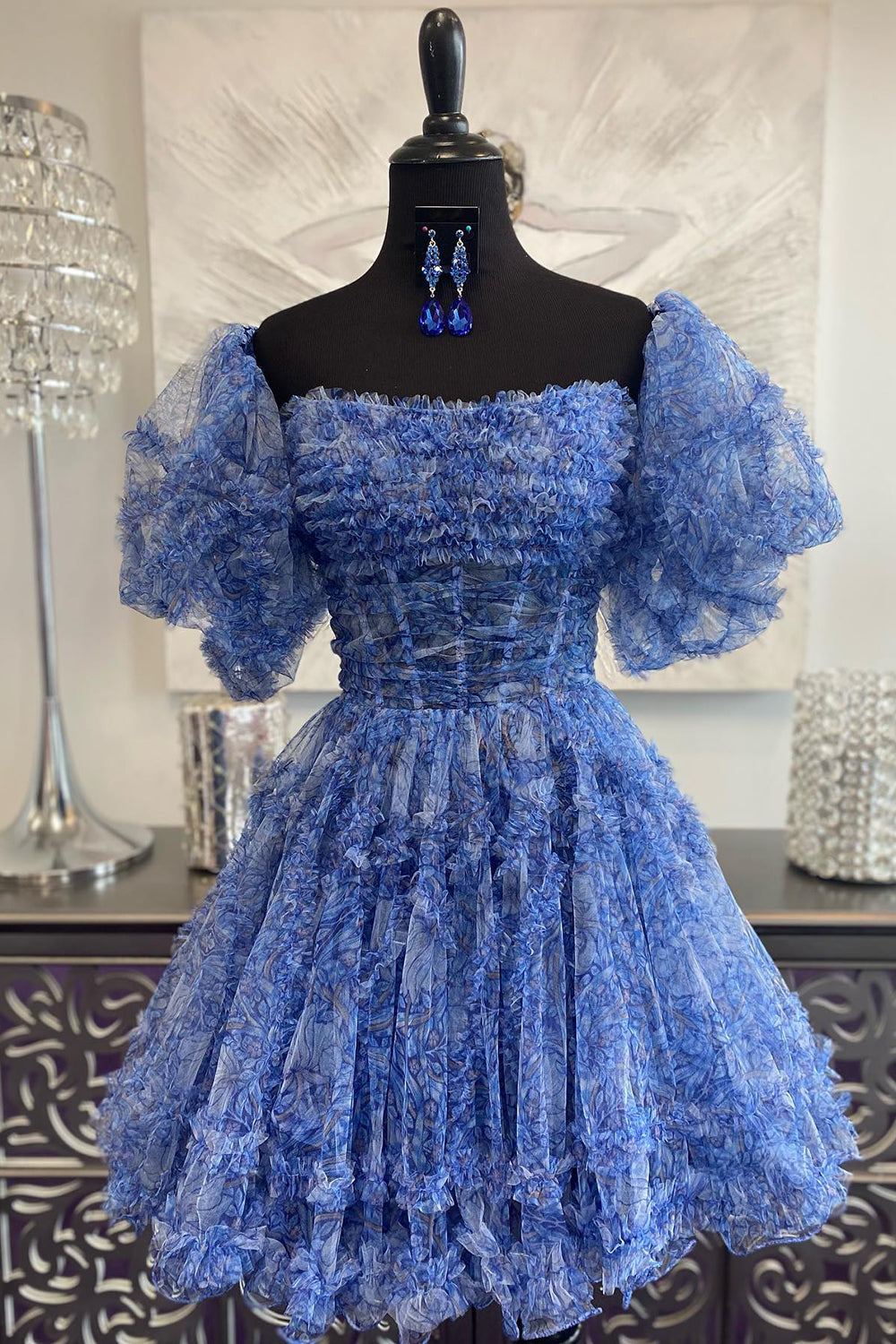 Suzhoufashion Blue Homecoming Dresses Printed Detachable Sleeves Ruffled  Short Cocktail Dresses – suzhoufashion