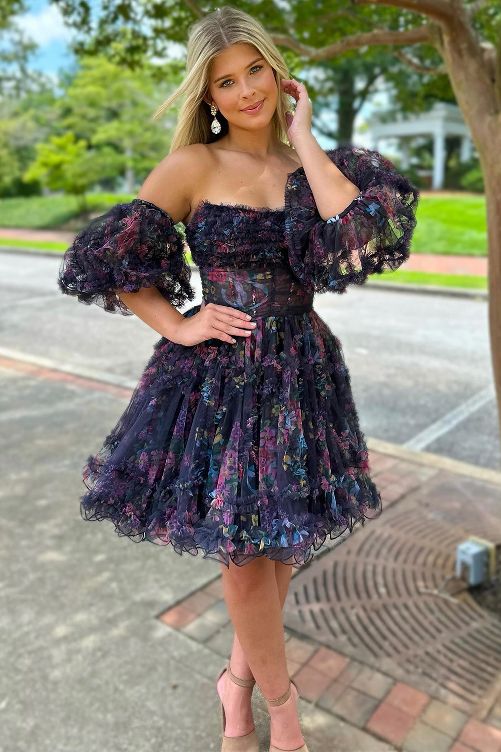 printed homecoming dresses Berylove Women White Blue Printed Homecoming Dress Ruffle A-Line Sweetheart Short Party Dress With Bow, White Blue Flower / US14