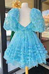 Blue Homecoming Dresses Puff Sleeves A-Line Floral Short Cocktail Dresses with Ruffles