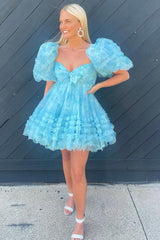 Blue Homecoming Dresses Puff Sleeves A-Line Floral Short Cocktail Dresses with Ruffles
