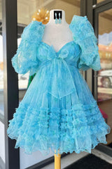 Blue Homecoming Dresses Puff Sleeves A-Line Floral Short Cocktail Dresses with Ruffles